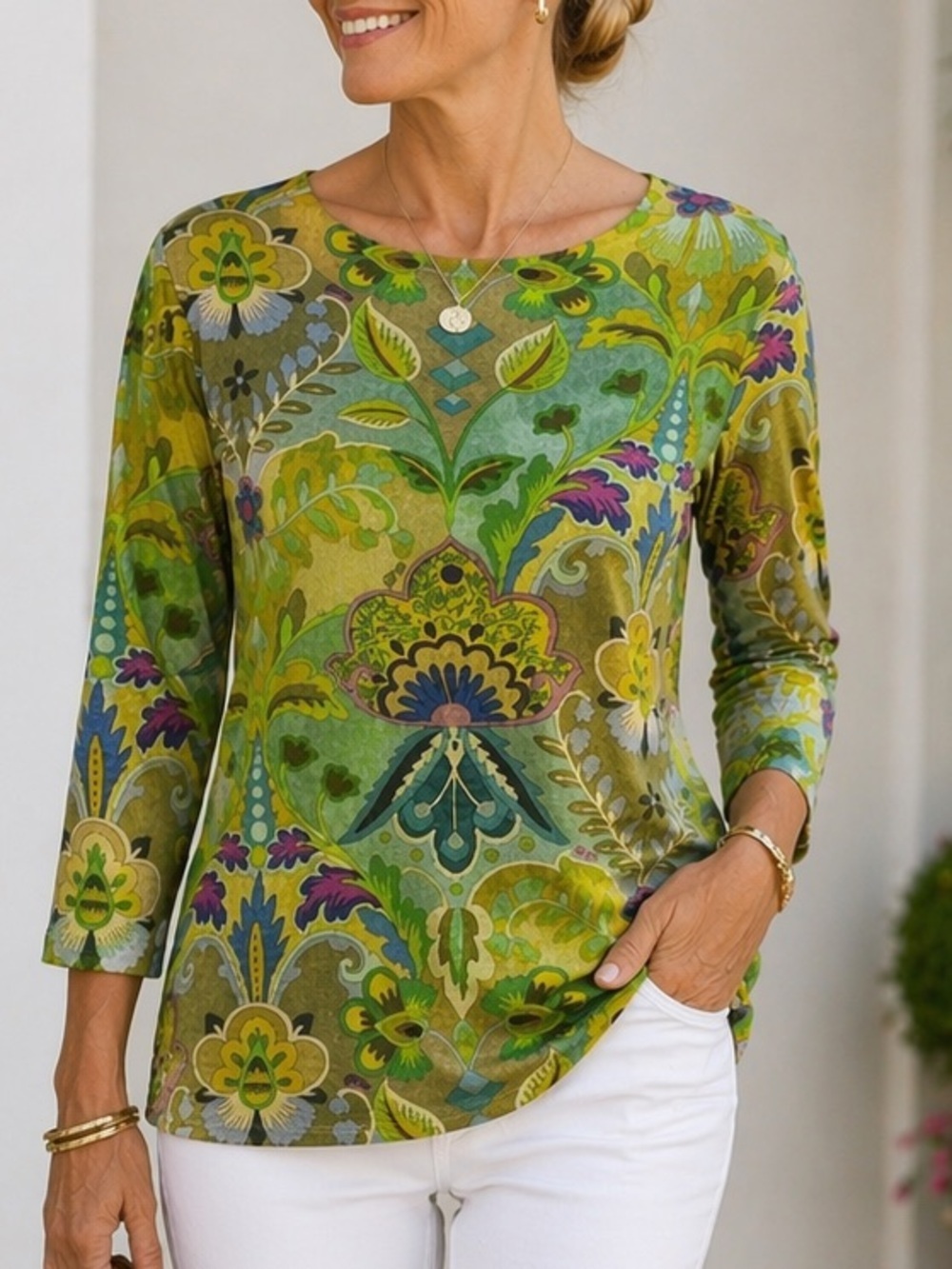 Leggiadro Shaped Knit Tee Taj Majal Print Excellent Ret. $295. Size 2 / US 4-6